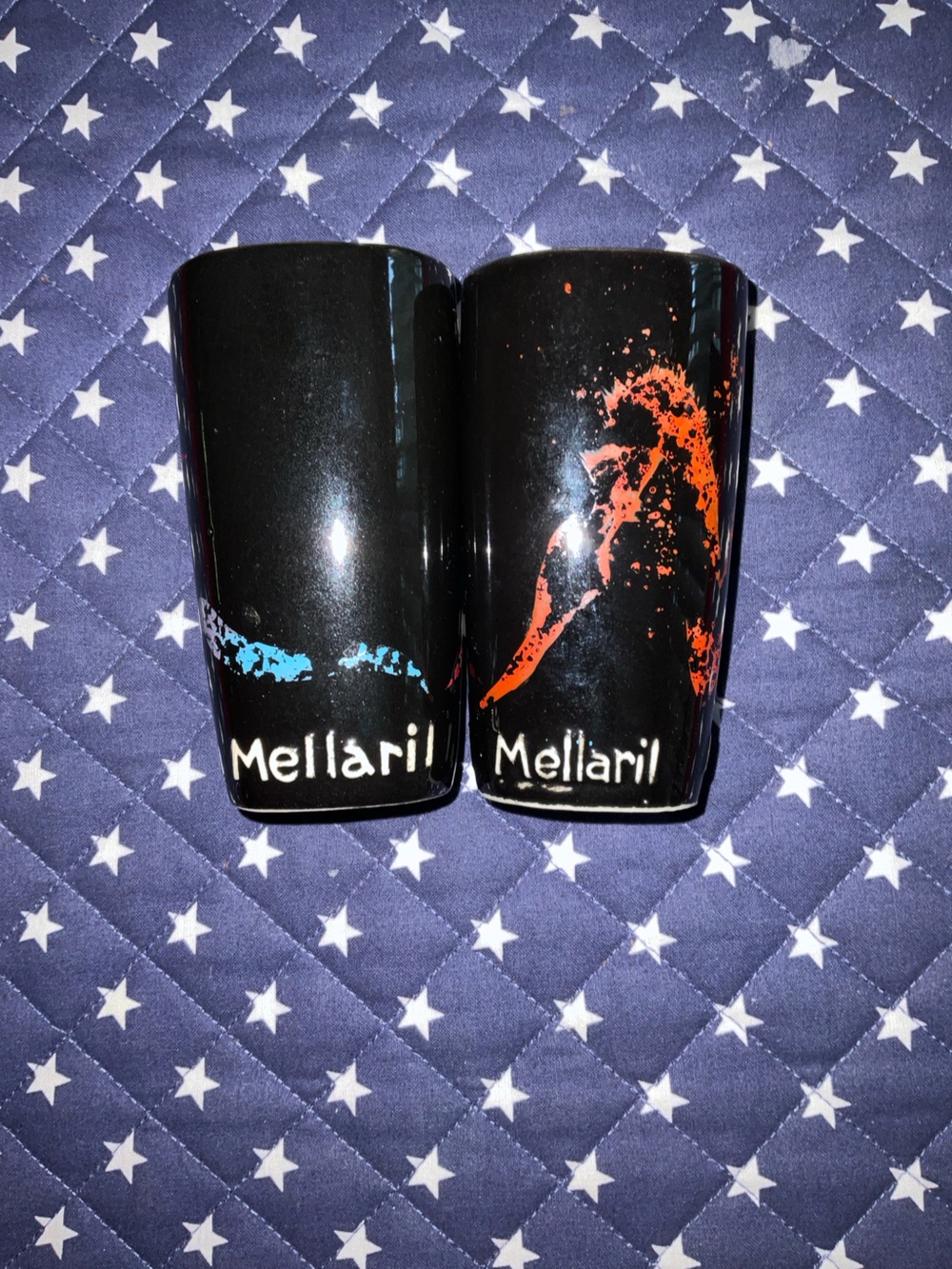 Mellaril Black Ceramic Shot Glasses with Red & Blue Splash (Set of 2)